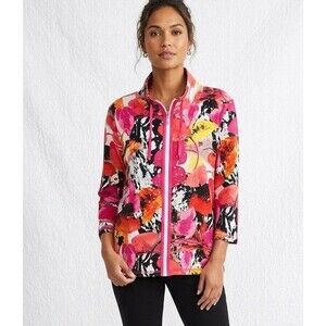 Onque Casuals Leaf Print Zip Up Jacket Large Rhinestone Art to Wear Pink Orange